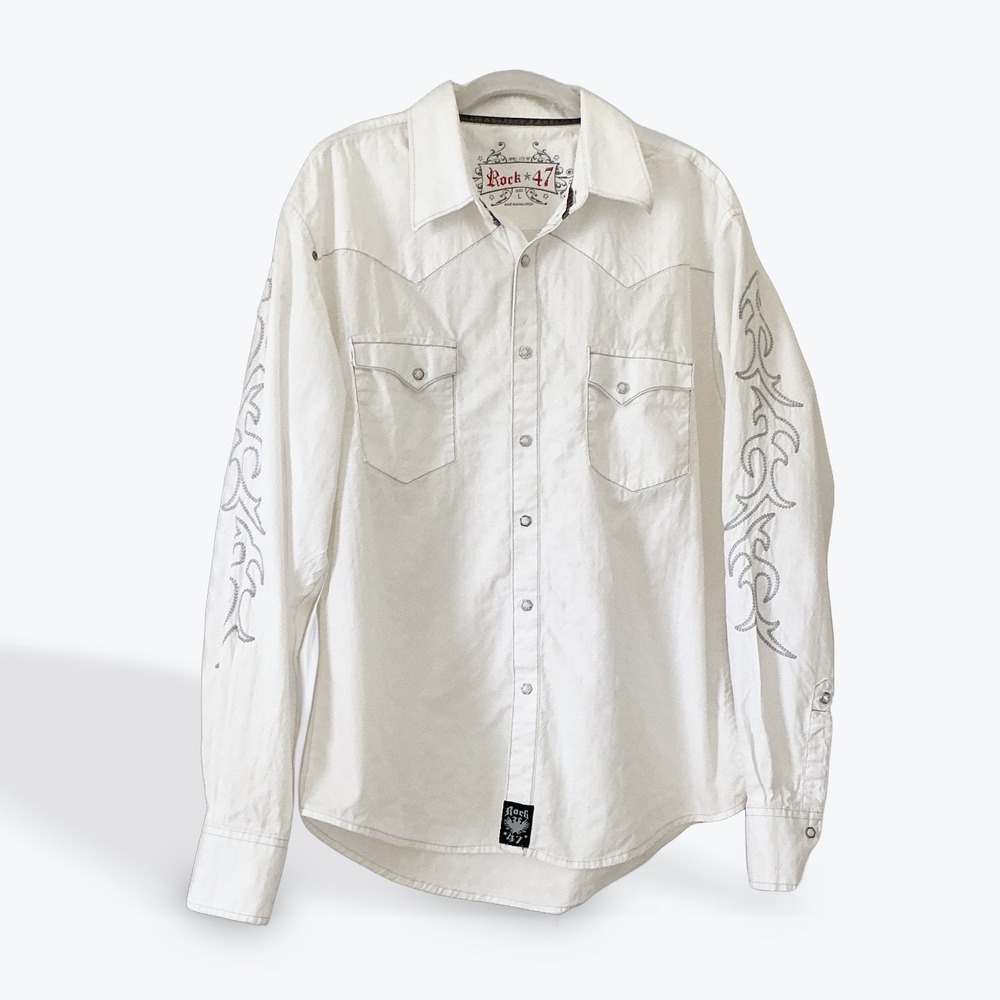 Wrangler Rock 47 Western Shirt Mens White Embroidered Snap Tribal Rodeo MRC172W